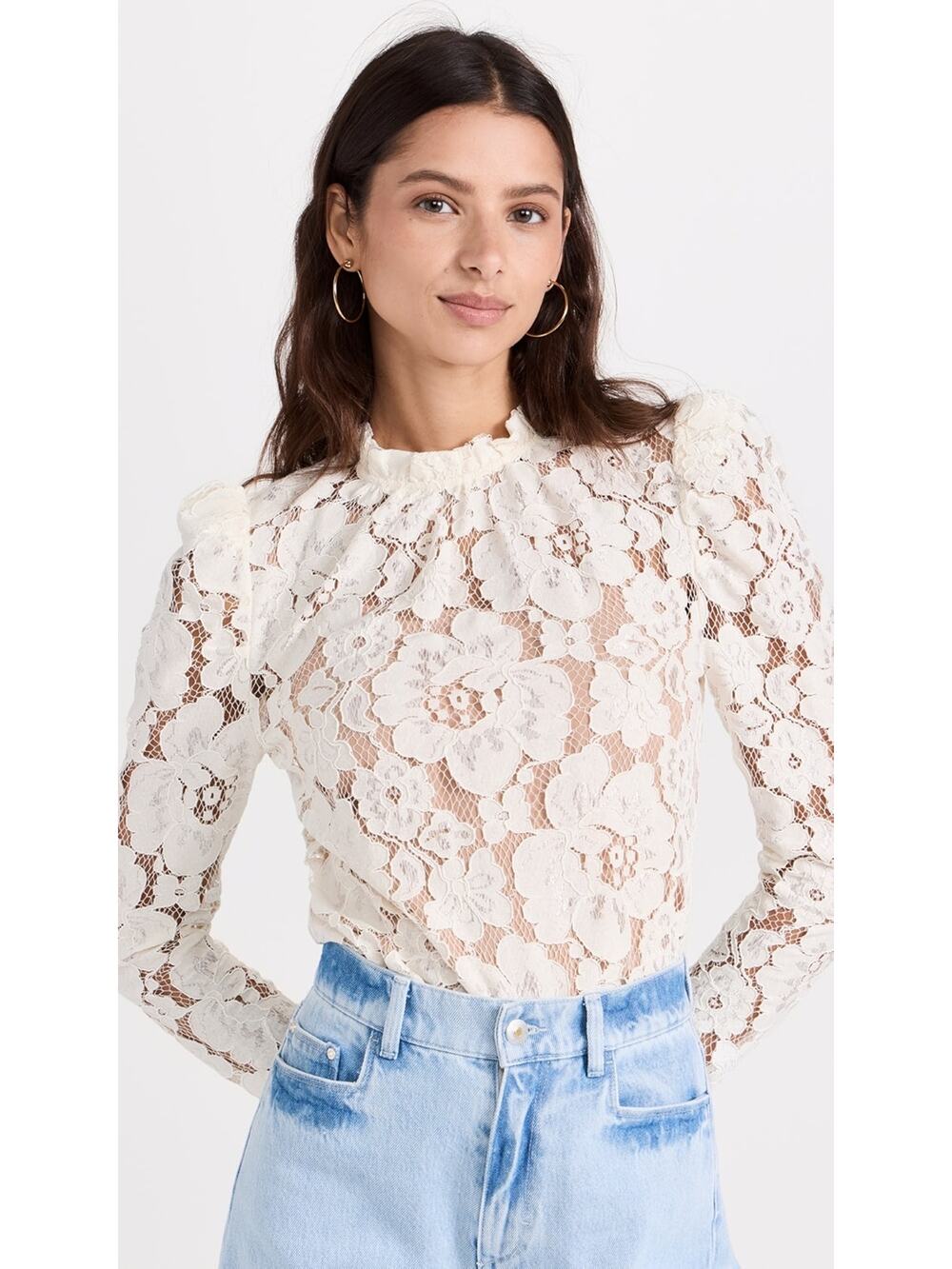 WAYF Emma Ivory Floral Lace Mock Neck Top Medium Puff Sleeve Romantic Coquette